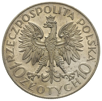 10 złotych 1933, Romuald Traugutt, bez napisu PRÓBA, srebro 21.96 g, Parchimowicz P-155.b, nakład 100 sztuk, moneta wybita stemplem lustrzanym, nieznaczne ślady czyszczenia, ale bardzo ładny egzemplarz