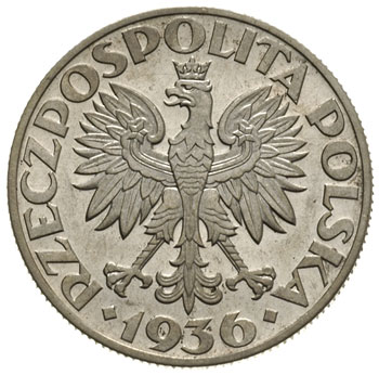 5 złotych 1936, Żaglowiec, na rewersie wypukły napis PRÓBA, srebro 10.98 g, Parchimowicz P-148.b, nakład nieznany, moneta wybita stemplem lustrzanym, bardzo rzadkie