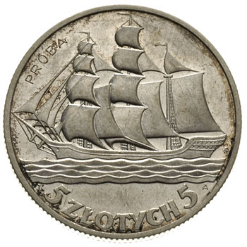 5 złotych 1936, Żaglowiec, na rewersie wypukły napis PRÓBA, srebro 10.98 g, Parchimowicz P-148.b, nakład nieznany, moneta wybita stemplem lustrzanym, bardzo rzadkie