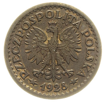 1 złotych 1928, nominał w wieńcu, tombak 5.72 g, Parchimowicz P-125.b wybito 8 sztuk, pięknie zachowany egzemplarz bardzo rzadkiej monety, patyna