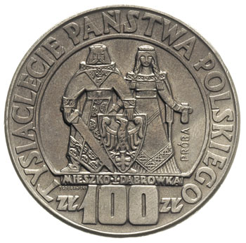 100 złotych 1966, Mieszko i Dąbrówka -postacie, na rewersie napis PRÓBA, nikiel, Parchimowicz P-347.a