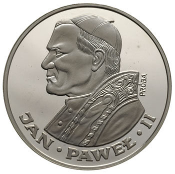 100 złotych 1986, Szwajcaria, Jan Paweł II, na rewersie wypukły napis PRÓBA, srebro 14.20 g, Parchimowicz P-530.b, nakład nieznany, moneta wybita stemplem lustrzanym, bardzo ładny egzemplarz, rzadka