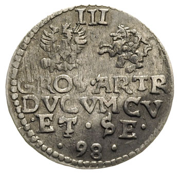 Wilhelm Ketler 1596-1626, trojak 1598, Mitawa, awers Iger KuW.98.1.f, rewers Iger KuW.98.1.d (R3), Gerbaszewski 2.16.4.2.2, lekko gięty, rzadki