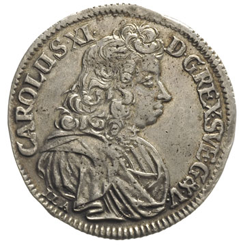 2/3 talara (gulden) 1690, Szczecin, odmiana napisu CAROLUS XI - D G REX..., Ahlström 114.b, Dav. 767, delikatna patyna