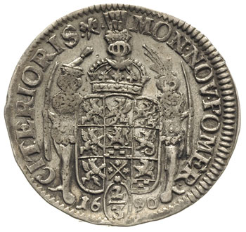 2/3 talara (gulden) 1690, Szczecin, odmiana napisu CAROLUS XI - D G REX..., Ahlström 114.b, Dav. 767, delikatna patyna
