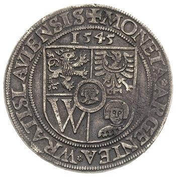 półtalar 1545, Wrocław, Aw: Tarcza herbowa i napis wokoło, Rw: Lew i napis wokoło, FuS 3417, bardzo rzadki, patyna