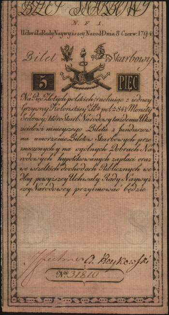 5 złotych polskich 8.06.1794, seria N.F.1, Miłczak A1a2, Lucow 7 (R5), widoczny firmowy znak wodny, bardzo ładny egzemplarz