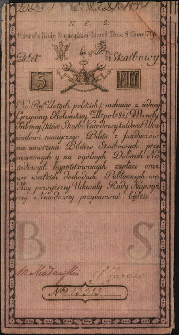 5 złotych polskich 8.06 1794, seria N.E.2, Miłczak A1f, Lucow 15 (R4), górny prawy róg naderwany i podklejony, częściowo widoczny firmowy znak wodny