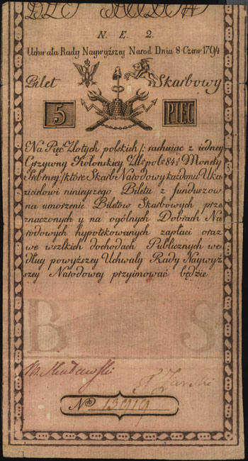 5 złotych polskich 8.06.1794, seria N.E.2, Miłczak A1f, Lucow 15 (R4), widoczny fragment firmowego znaku wodnego, naddarcia na załamaniach
