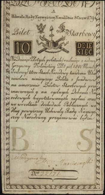 10 złotych polskich 8.06.1794, seria A, Miłczak A2, Lucow 17 (R3), częściowo widoczny firmowy znak wodny, bardzo ładny egzemplarz