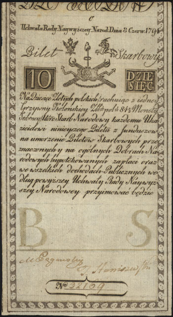 10 złotych polskich 8.06.1794, seria C, Miłczak A2, Lucow 19 (R3), częściowo widoczny firmowy znak wodny, bardzo ładny egzemplarz