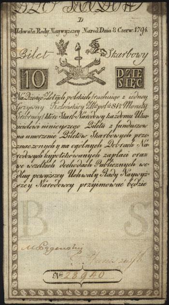 10 złotych polskich 8.06.1794, seria D, Miłczak A2, Lucow 21 (R3), widoczny niewielki fragment firmowego znaku wodnego