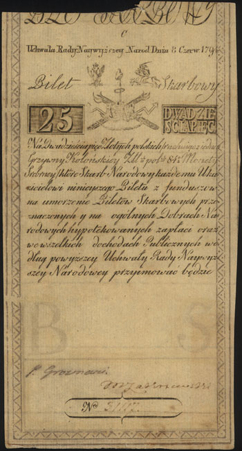 25 złotych polskich 8.06.1794, seria C, Miłczak A3, Lucow 26 (R1), źle przycięty górny margines, ale ładnie zachowane