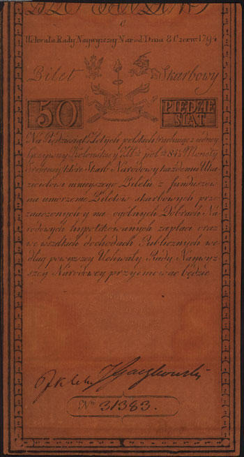 50 złotych polskich 8.06.1794, seria C, Miłczak A4, Lucow 31 (R3), fragment firmowego znaku wodnego, bardzo ładnie zachowane