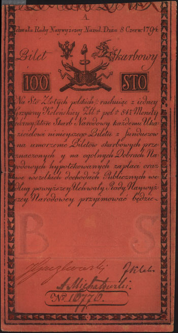 100 złotych polskich 8.06.1794, seria A, Miłczak A5, Lucow 33 (R4), minimalne naddarcia na zgięciu