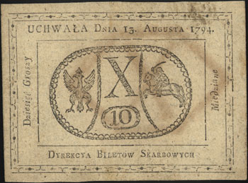 10 groszy miedziane 13.08.1794, Miłczak A9a, Lucow 40 (R1), górny i dolny margines przycięte, przybrudzenia papieru