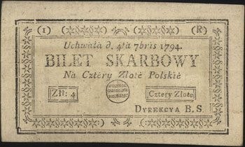 4 złote polskie 4.09.1794, seria 1-R, Miłczak A1