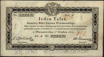 1 talar 1.12.1810, podpis komisarza S. Ossoliński, Miłczak A12bf, Lucow 55 (R2), na stronie odwrotnej stempel Komisji Likwidacyjnej, niewielkie plamki