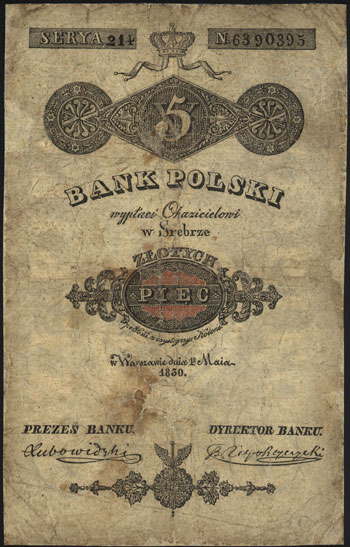 5 złotych 1.05.1830, podpisy: Lubowidzki i Niepokoyczycki, seria 214, numeracja 6390395, Miłczak A19b, Lucow 125 (R5), banknot po konserwacji, rzadki