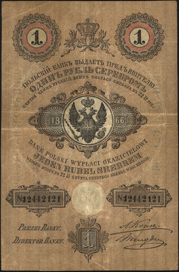 1 rubel srebrem 1866, seria 210, numeracja 8-mio cyfrowa, podpisy A. Kruse i Mengden, Miłczak A50bc, Lucow 187 (R5), bardzo rzadki w tym stanie zachowania