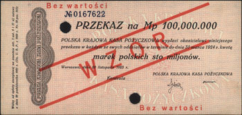 przekaz na 100.000.000 marek polskich 20.11.1923, WZÓR, numeracja 0167622, Miłczak 41bb, Lucow 468 (R6), dwukrotnie perforowane, rzadkie