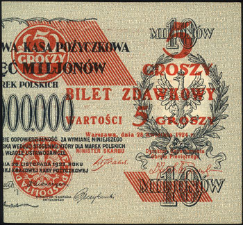 5 groszy 28.04.1924, lewa i prawa połówka, Miłczak 43a i 43b, Lucow 699 i 700 (R2), razem 2 sztuki, bardzo ładne
