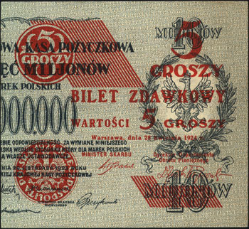 5 groszy 28.04.1924, lewa i prawa połówka, Miłczak 43a i 43b, Lucow 699 i 700 (R2), razem 2 sztuki