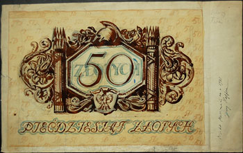 projekt malowany akwarelą do nieznanego banknotu 50 złotych z 1931 roku, autorstwa Jerzego Hoffena, 43.5 x 27.5 cm, bardzo ciekawy, nieznany dotąd projekt nie wprowadzonego do obiegu banknotu, UNIKAT