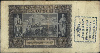 20 złotych 1.03.1940, seria H, z nadrukiem na stronie odwrotnej