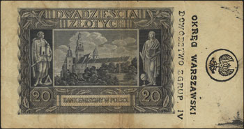 20 złotych 1.03.1940, seria K, z nadrukiem na st