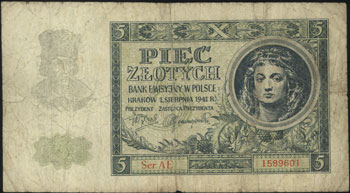 5 złotych 1.08.1941, seria AE, z nadrukiem na st