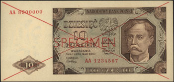10 złotych 1.07.1948, seria AA 1234567, AA 8900000, czerwony nadruk SPECIMEN, Miłczak 136b