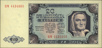 20 złotych 1.07.1948, seria HM, Miłczak 137fa, wydrukowane na plastikowanym papierze, rzadkie