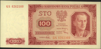 100 złotych 1.07.1948, seria GS, bez ramki wokół nominału, Miłczak 139e, w stanie bankowym bardzo rzadkie