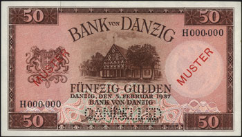 50 guldenów 5.02.1937, perforowany napis CANCELLED i dwukrotny czerwony nadruk MUSTER, seria H 000,000, Miłczak G52, Ros. 843