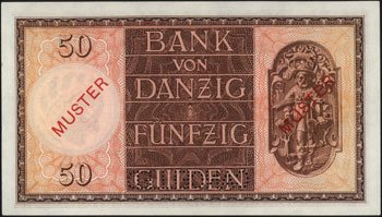 50 guldenów 5.02.1937, perforowany napis CANCELLED i dwukrotny czerwony nadruk MUSTER, seria H 000,000, Miłczak G52, Ros. 843
