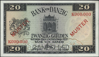 20 guldenów 1.11.1937, seria K 000,000, perforowany napis CANCELLED, czerwony nadruk MUSTER, Miłczak G53a, Ros 844a