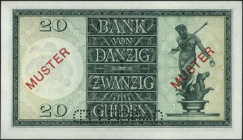 20 guldenów 1.11.1937, seria K 000,000, perforowany napis CANCELLED, czerwony nadruk MUSTER, Miłczak G53a, Ros 844a