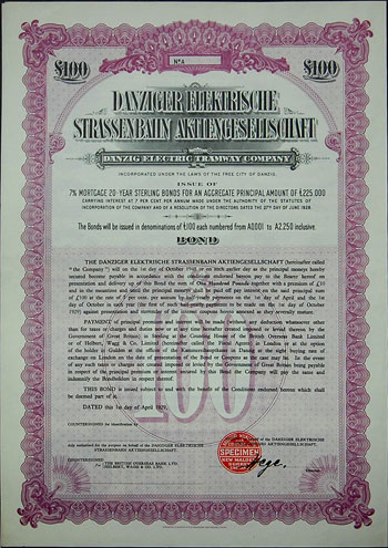 Danziger Elektrische Strassenbahn AG (Gdańskie Tramwaje Elektryczne S.A.), WZÓR obligacji na 100 funtów brytyjskich, 1.04.1929, bez numeracji i podpisów, jedynie podpis dyrektora spółki Hege, duża pieczęć \BRADBURY WILKINSON AND COMPANY LTD. - SPECIMEN - NEW MALDEN SURREY ENGLAND, 39 nieodciętych kuponów z nadrukiem SPECIMEN