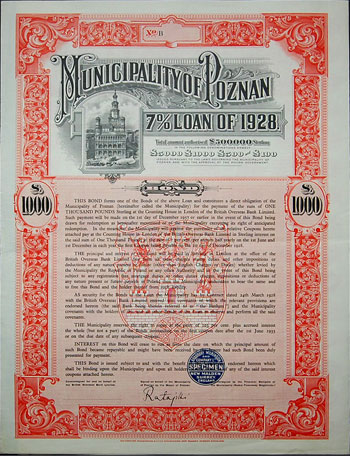 Municipality of Poznan (Magistrat Poznania), WZÓR 7% pożyczki miasta na 1.000 funtów brytyjskich, 1928, seria B, bez numeracji i podpisów, podpis jedynie burmistrza miasta, duża pieczęć wytwórni \BRADBURY WILKINSON AND COMPANY LTD. - SPECIMEN - NEW MALDEN SURREY ENGLAND, nieodcięte 58 kuponów z nadrukiem SPECIMEN