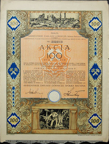 Sierżańskie Zakłady Górnicze S.A., akcja na 100 złotych, emisja VI, Sierża 18.05.1929, odmiana bez stempli w walucie austriackiej, dołączone 18 kuponów, niewielkie naddarcia i przybrudzenia ale bardzo ładnie zachowana