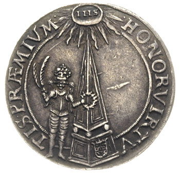 Władysław IV, medal koronacyjny (żeton) 1633 r., Aw: W prostokącie napis poziomy VLADISLAVS IV CORO- NATVS.., u góry miecz, berło, korona i jabłko, Rw: Przy obelisku mężczyzna w zbroi, ze skrzydłami i dwoma liściami palmy, w otoku napis HONOR VIRTVTIS PRÆMIVM, srebro, 6.45 g, 28 mm, H-Cz. 1738, Racz.108, patyna
