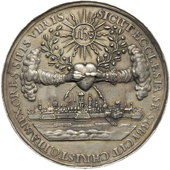 Jan II Kazimierz, zaślubinowy medal autorstwa Johanna Höhna sen., Aw: Kobieta i mężczyzna w strojach hiszpańskich podają sobie dłonie, u góry Duch Święty i trzy aniołki, napis w otoku VIRI DILIGITE UXORES VESTRAS, SICUT & CHRIST. DILEXIT ECCLES, Rw: Dwie ręce wychodzące z chmur trzymają wspólnie serce, poniżej widok Gdańska, napis SICUT ECCLESIA SE SUBVCIT CHRISTO, ITA & UXORES SUIS VIRIS, srebro 29.35 g, 49 mm, H-Cz. 2352 (R1), Racz. 159a, ładnie zachowany, patyna