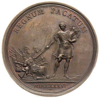 August III, medal autorstwa H. F. Wermutha wybity na pamiątkę Sejmu Pacyfikacyjnego 1736 r, Aw: Popiersie króla w zbroi i płaszczu w prawo, napis w otoku AUGUSTUS III D G REX POLONIARUM, Rw: Geniusz Pokoju zapala długą pochodnią stos broni, u góry napis REGNUM PACATUM, w odcinku MDCCXXXVI, H-Cz. 2757 (R3) (srebro), Racz, 376, miedż 50.04 g, 52 mm, bardzo ładny egzemplarz, patyna