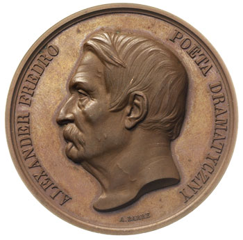 Aleksander Fredro, medal autorstwa Barre’a wybity 1864 r., Aw: Głowa pisarza w lewo i napis wokoło ALEKSANDER FREDRO POETA DRAMATYCZNY, Rw: W wieńcu laurowym napis DOBRZE ZASŁUŻONEMU RODACY 1864, miedź 56 mm, H-Cz. 3890 (srebro), piękny egzemplarz, patyna