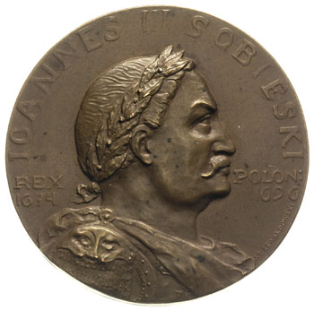 Jan III Sobieski medal jednostronny autorstwa St. R. Lewandowskiego 1915 r., Popiersie w prawo i napis wokoło JOANNES III SOBIESKI, napis poziomy REX 1874 - POLON 1696, brąz 50 mm, Strzałkowski 333 (RR)