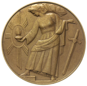 medal na X-lecie Odzyskania Wolności autorstwa T. Breyera 1928 r., Aw: Orzeł z cyfrą X na piersi i napis wokoło, Rw: Polonia z kagankiem w dłoni odrzuca miecz, brąz 55 mm, Strzałkowski 598 (R)