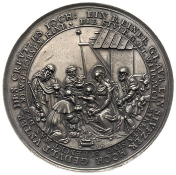 Hołd Trzech Króli 1631, medal autorstwa S. Dadlera, Aw: Scena hołdu i podwójny napis wokoło EIN REINER GLAVB...., Rw: Napis w 8 wierszach, srebro 32.34 g, 55 mm, Maue 106, patyna