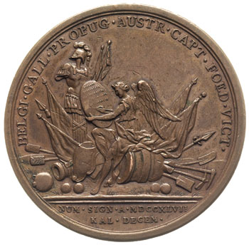 Maurycy Saski, medal autorstwa J. Dassiera i synów wybity w 1747 r., poświęcony Maurycemu Saskiemu synowi króla polskiego Augusta II, księciu Kurlandii 1726-1729 i marszałkowi Francji upaiętniający jego zwycięstwa, Aw: Popiersie w prawo i napis wokoło MAURITIUS SAXO GALL MARESC D CURL ET SEM, Rw: Trofea wojenne i napis wokoło BELGI GALL PROPUG AUSTR CAPT FOED VICI, w odcinku NUM SIGN A MDCCXLVII / KAL DECEM, brąz 55 mm, Merseb 4548, patyna