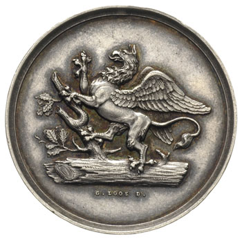medal nagrodowy sygnowany G. LOOS D. w okazji wystawy w Szczecinie w 1865 roku zorganizowanej przez Pomorskie Towarzystwo Ekonomiczne, Aw: Gryf na gałęzi, Rw: Napis wewnątrz wieńca EHREN-PREI / DER POMM. / OEKONOM  GESELLSCH / ALLGEM / IN / STETTIN / 1865, srebro 13.96 g, 34 mm, patyna